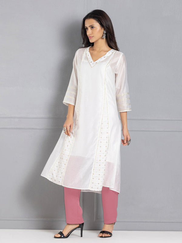 White Chanderi A-Line Panelled Kurta Set with Slip & Dupatta from Shaye India , Kurta Set for women