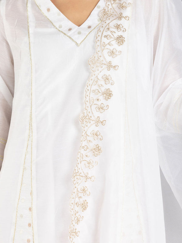 White Chanderi A-Line Panelled Kurta Set with Slip & Dupatta from Shaye India , Kurta Set for women