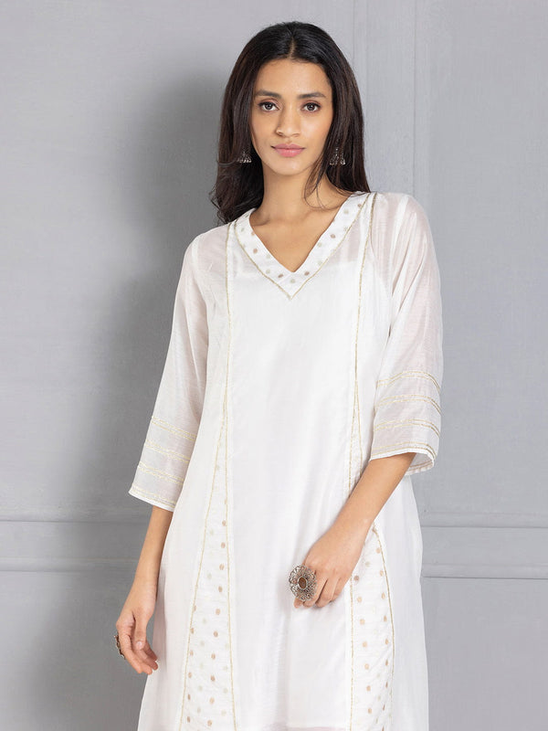 White Chanderi A-Line Panelled Kurta Set with Slip & Dupatta from Shaye India , Kurta Set for women