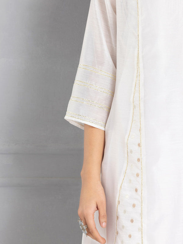 White Chanderi A-Line Panelled Kurta Set with Slip & Dupatta from Shaye India , Kurta Set for women