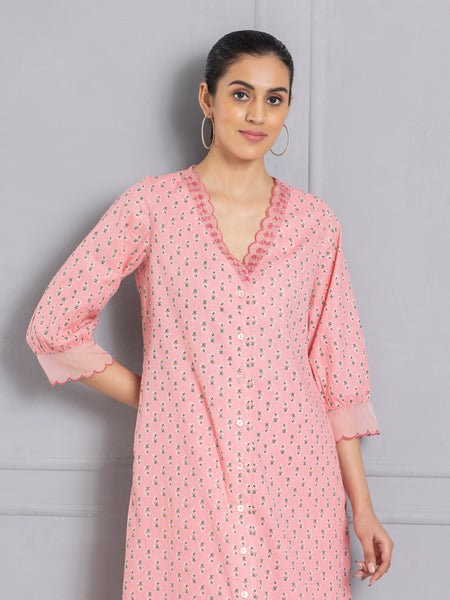 Pink Floral Printed & Embroidered Front Open Kurta from Shaye India , Kurta for women