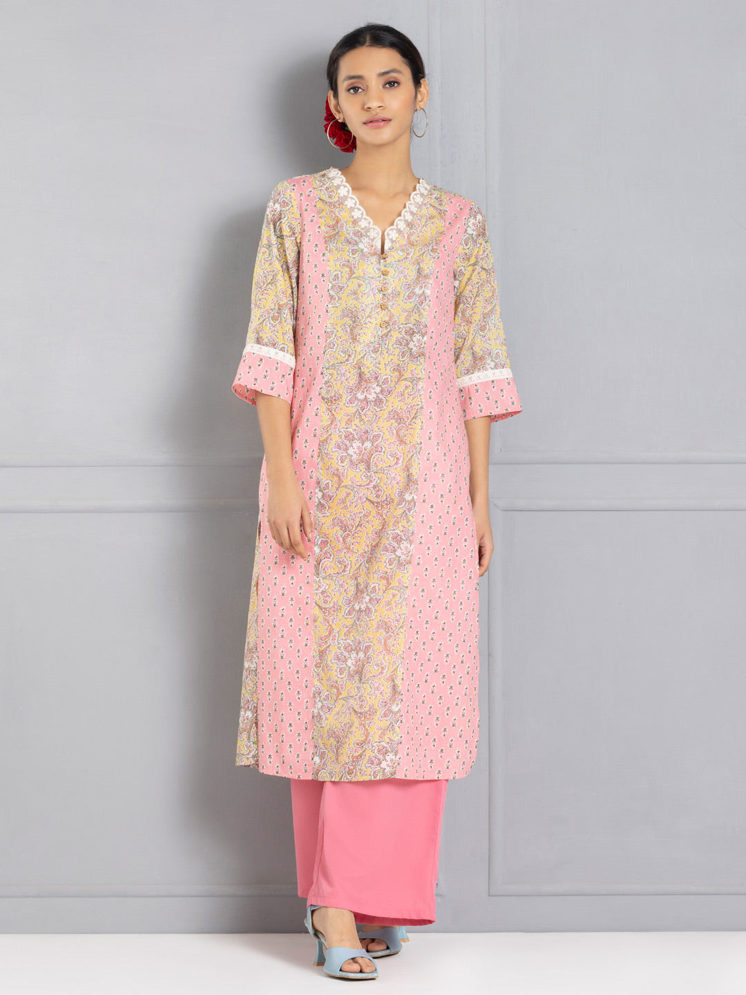 Yellow & Pink Floral Printed Straight Kurta from Shaye India , Kurta for women