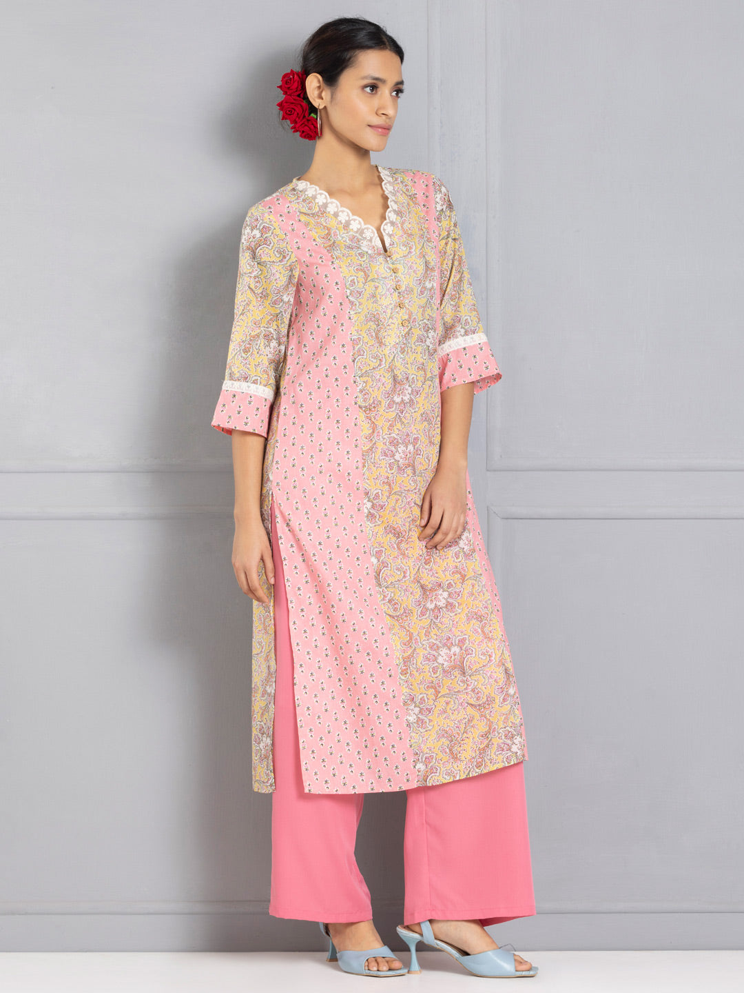 Yellow & Pink Floral Printed Straight Kurta from Shaye India , Kurta for women