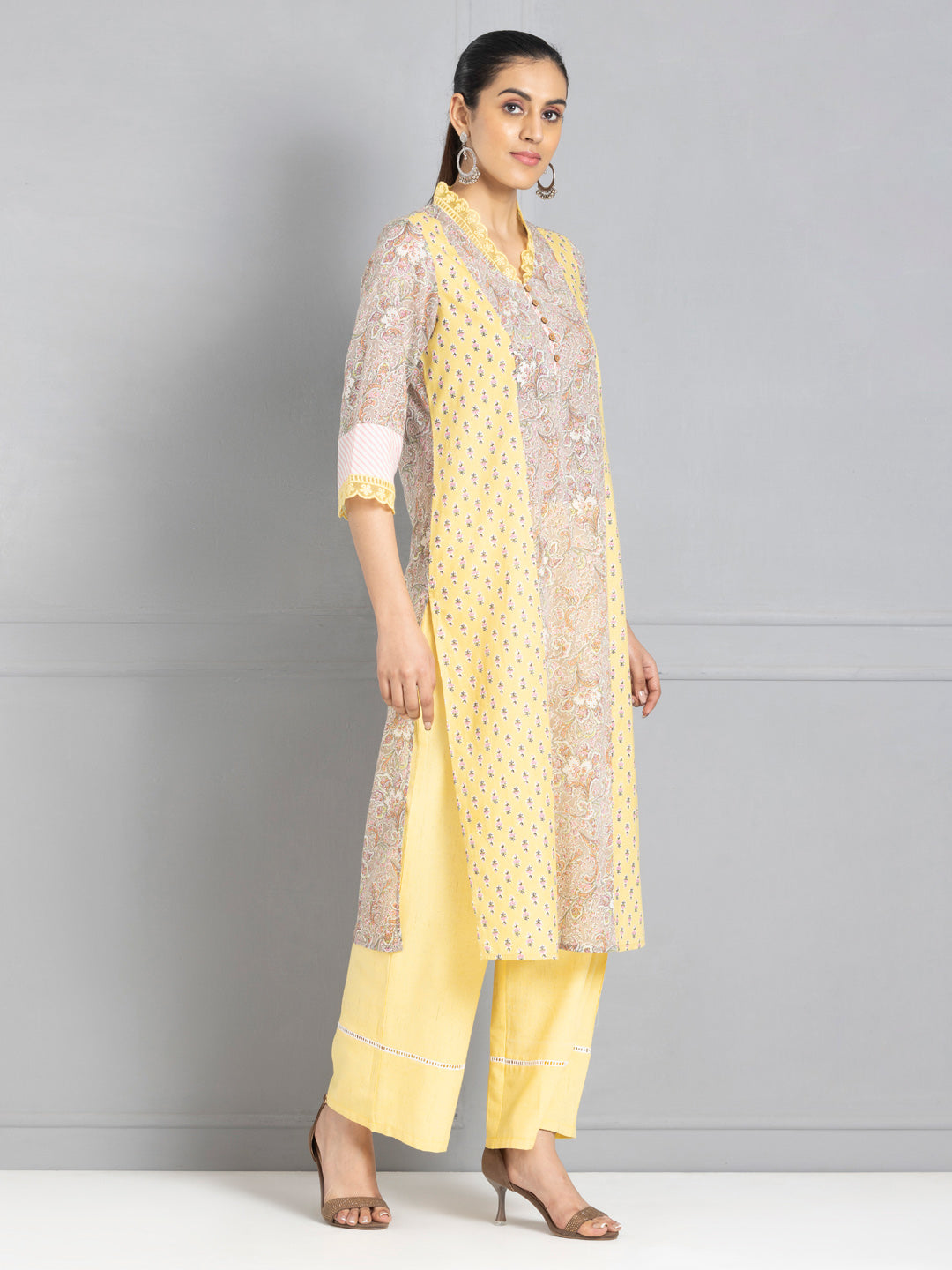 Beige & Yellow Floral Printed Straight Kurta from Shaye India , Kurta for women