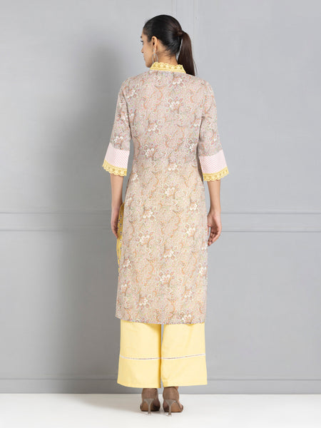 Beige & Yellow Floral Printed Straight Kurta from Shaye India , Kurta for women