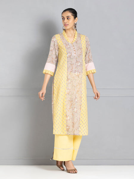 Beige & Yellow Floral Printed Straight Kurta from Shaye India , Kurta for women