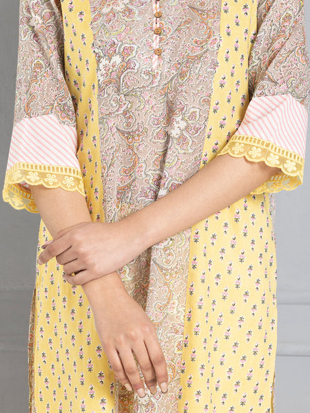 Beige & Yellow Floral Printed Straight Kurta from Shaye India , Kurta for women