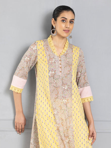 Beige & Yellow Floral Printed Straight Kurta from Shaye India , Kurta for women