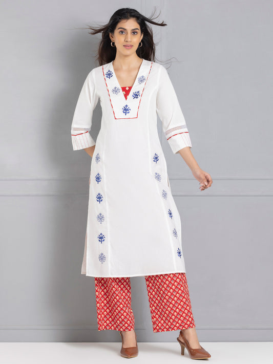 White Embroidered Panelled Straight Kurta Set from Shaye India , Kurta Set for women