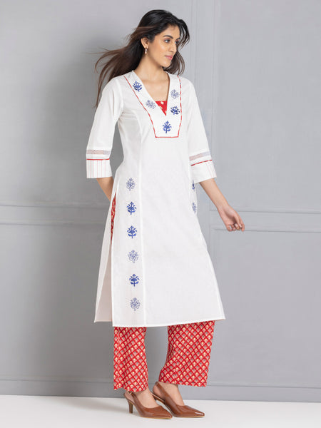 White Embroidered Panelled Straight Kurta Set from Shaye India , Kurta Set for women