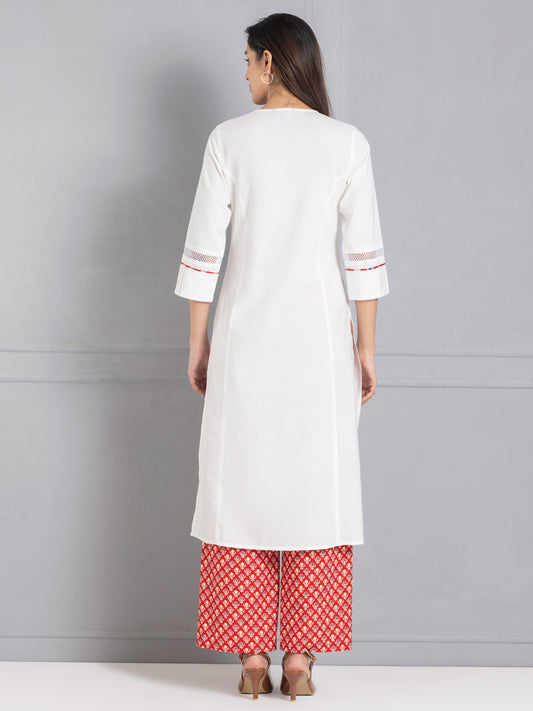 White Embroidered Panelled Straight Kurta Set from Shaye India , Kurta Set for women