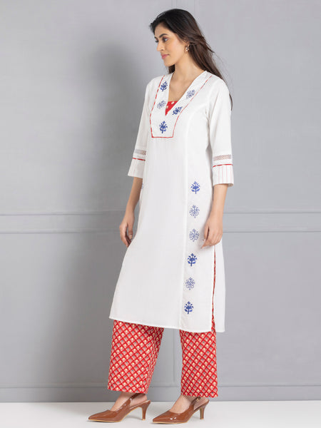 White Embroidered Panelled Straight Kurta Set from Shaye India , Kurta Set for women