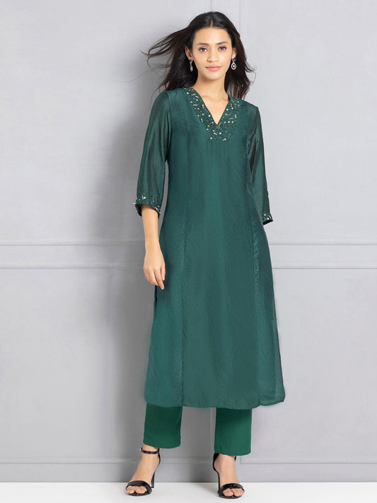 Green Sequin Embroidered Chanderi Kurta with Slip from Shaye India , Kurta for women