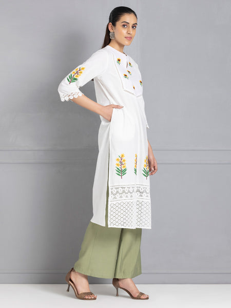 White floral embroidered Lace Trim Kurta from Shaye India , Kurta for women