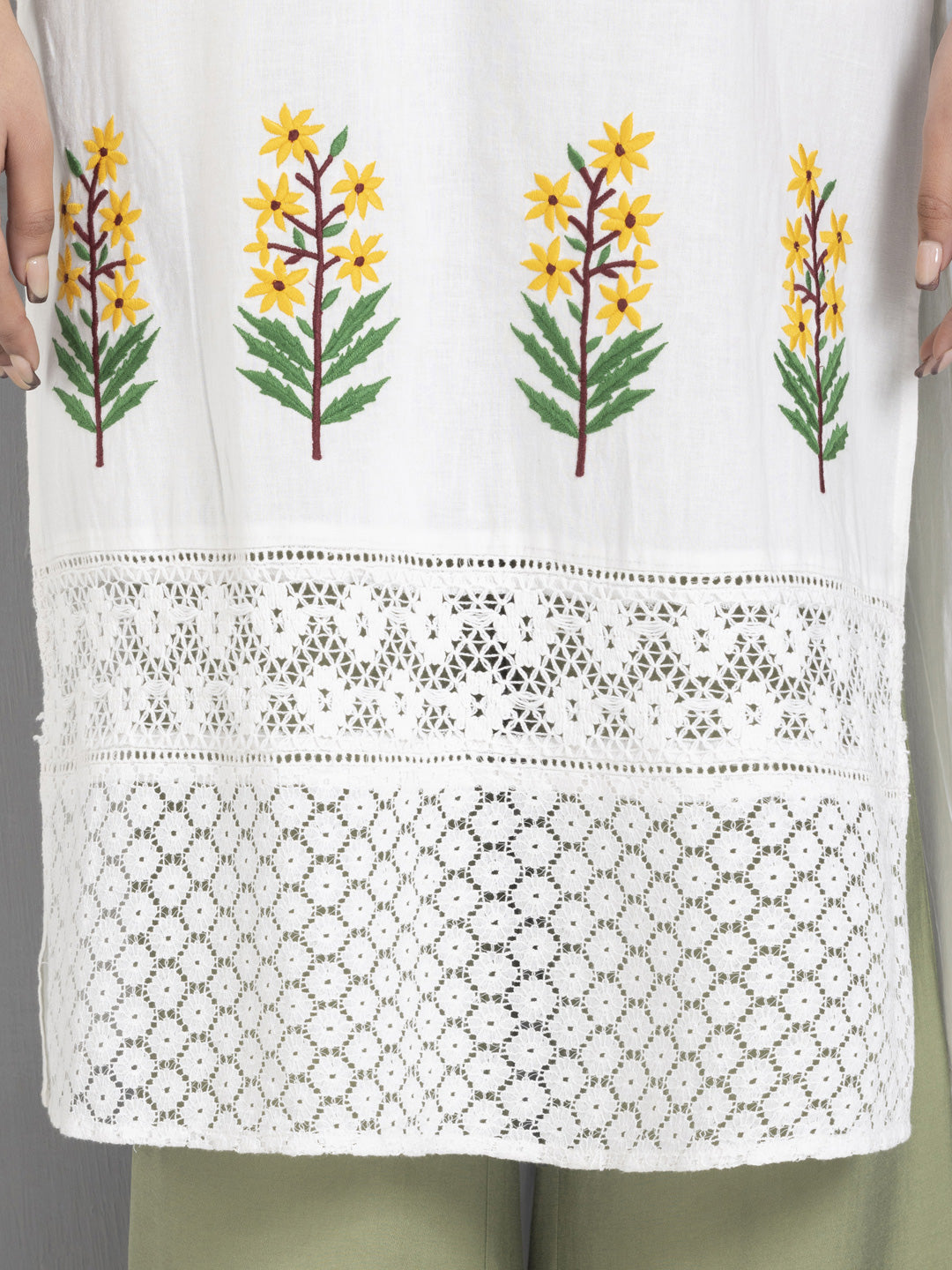 White floral embroidered Lace Trim Kurta from Shaye India , Kurta for women