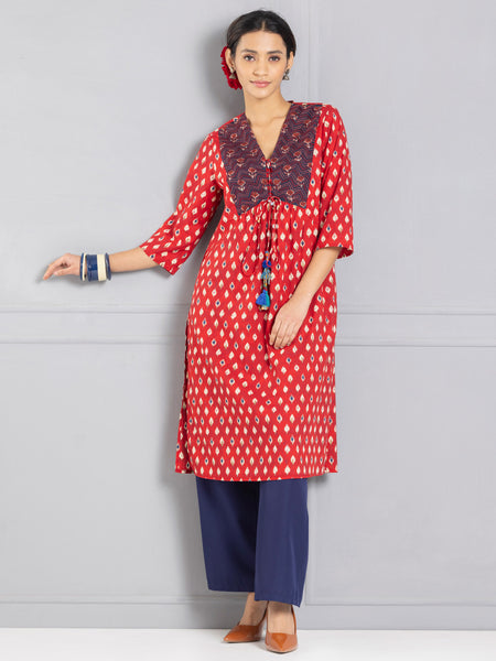 Maroon Printed & Embroidered Tasseled Kurta from Shaye India , Kurta for women