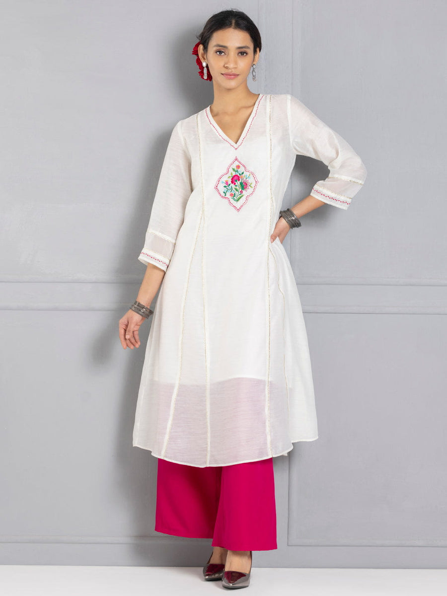 Ivory Floral Embroidered Chanderi Kurta from Shaye India , Kurta for women