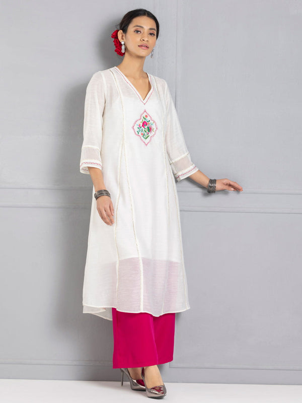 Ivory Floral Embroidered Chanderi Kurta from Shaye India , Kurta for women