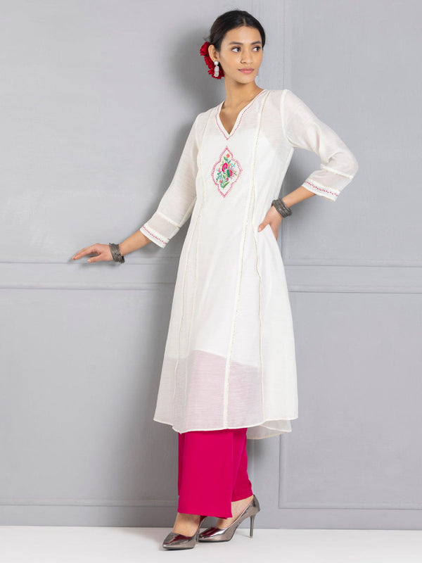 Ivory Floral Embroidered Chanderi Kurta from Shaye India , Kurta for women