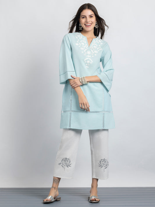 Blue Floral Embroidered Straight Kurta from Shaye India , Kurta for women