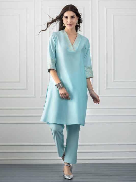 Blue Brocade Floral Motif Neck Design Straight Kurta from Shaye India , Kurta for women