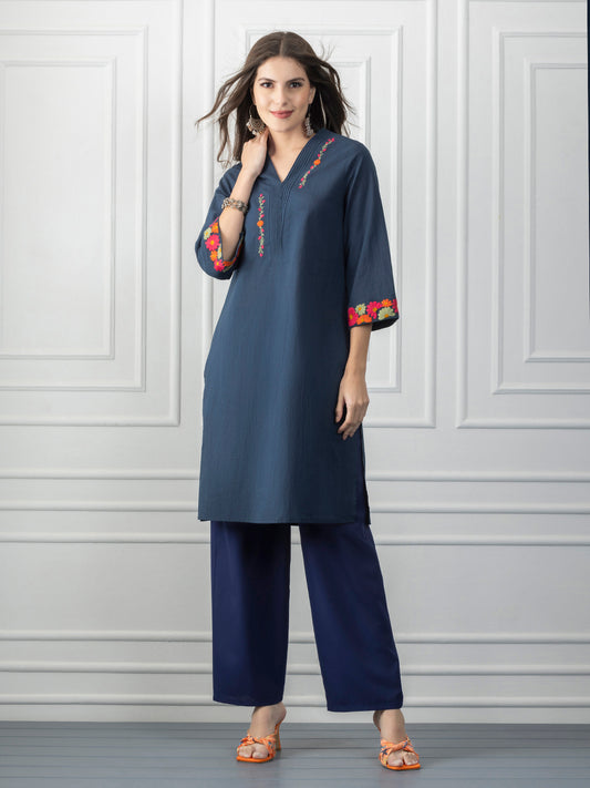 Blue Floral Embroidered & Pin Tucks Straight Kurta from Shaye India , Kurta for women