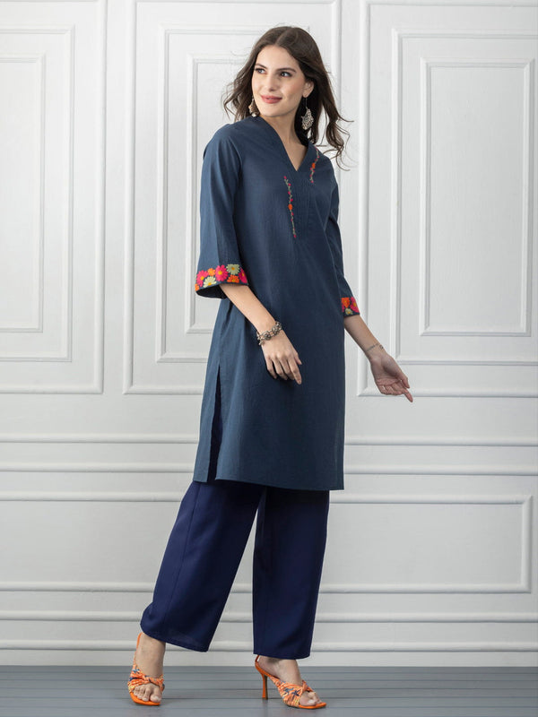 Blue Floral Embroidered & Pin Tucks Straight Kurta from Shaye India , Kurta for women