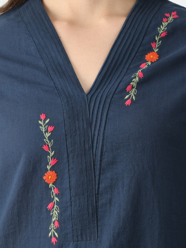 Blue Floral Embroidered & Pin Tucks Straight Kurta from Shaye India , Kurta for women