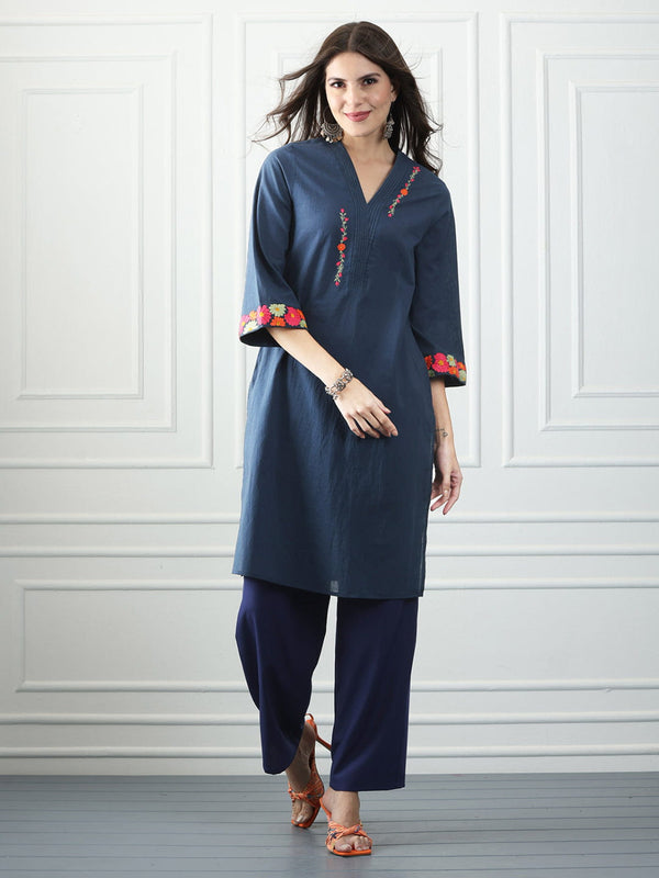 Blue Floral Embroidered & Pin Tucks Straight Kurta from Shaye India , Kurta for women