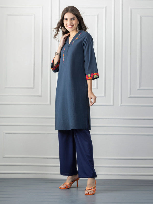 Blue Floral Embroidered & Pin Tucks Straight Kurta from Shaye India , Kurta for women