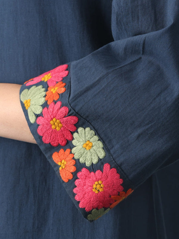 Blue Floral Embroidered & Pin Tucks Straight Kurta from Shaye India , Kurta for women