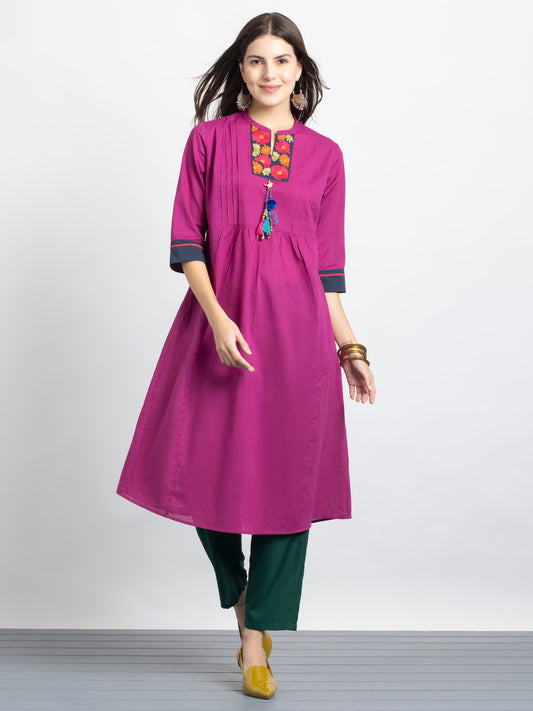 Orchid Embroidered Pin Tuck Gathered Kurta with Tassels from Shaye India , Kurta for women