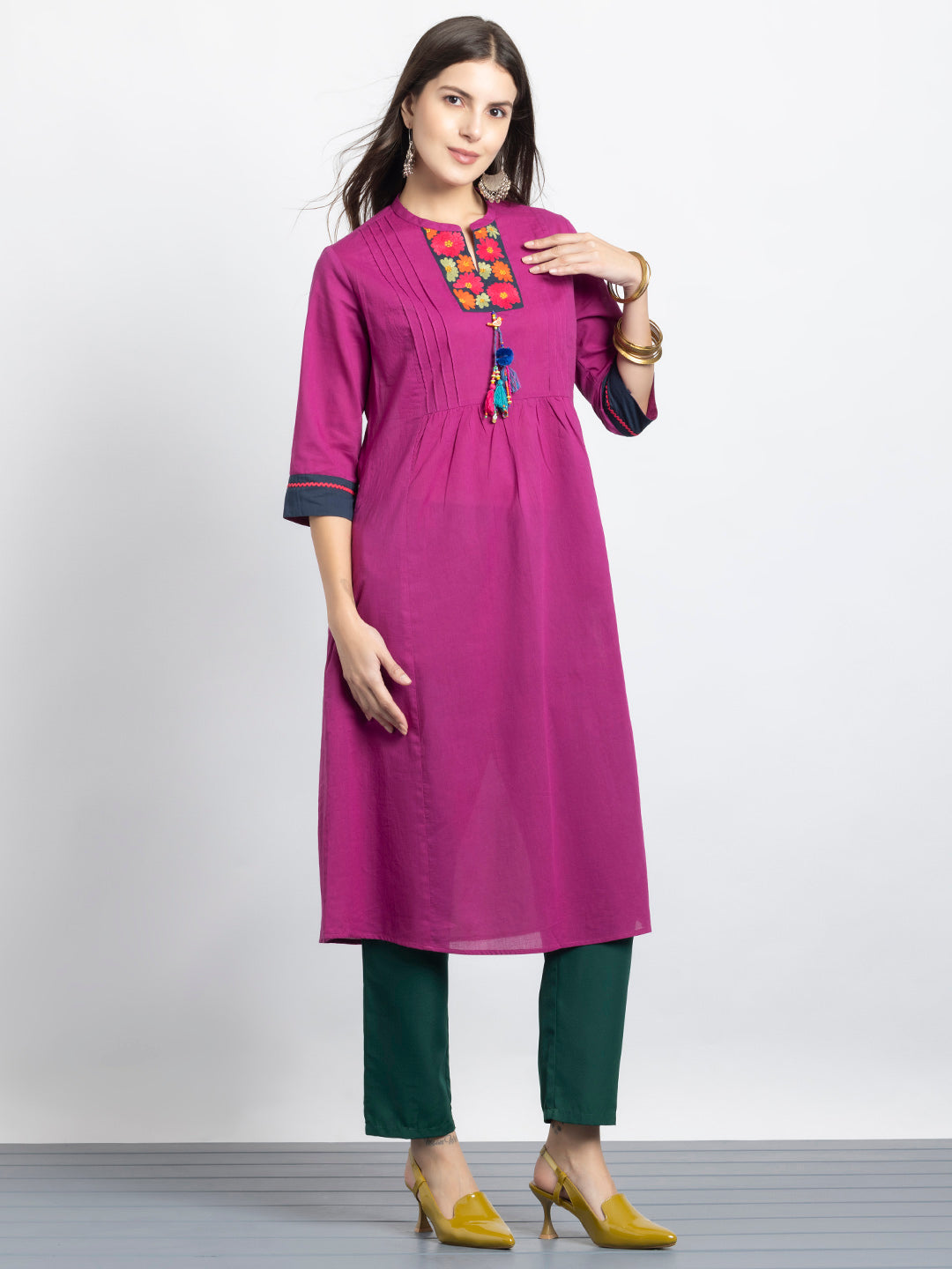 Orchid Embroidered Pin Tuck Gathered Kurta with Tassels from Shaye India , Kurta for women