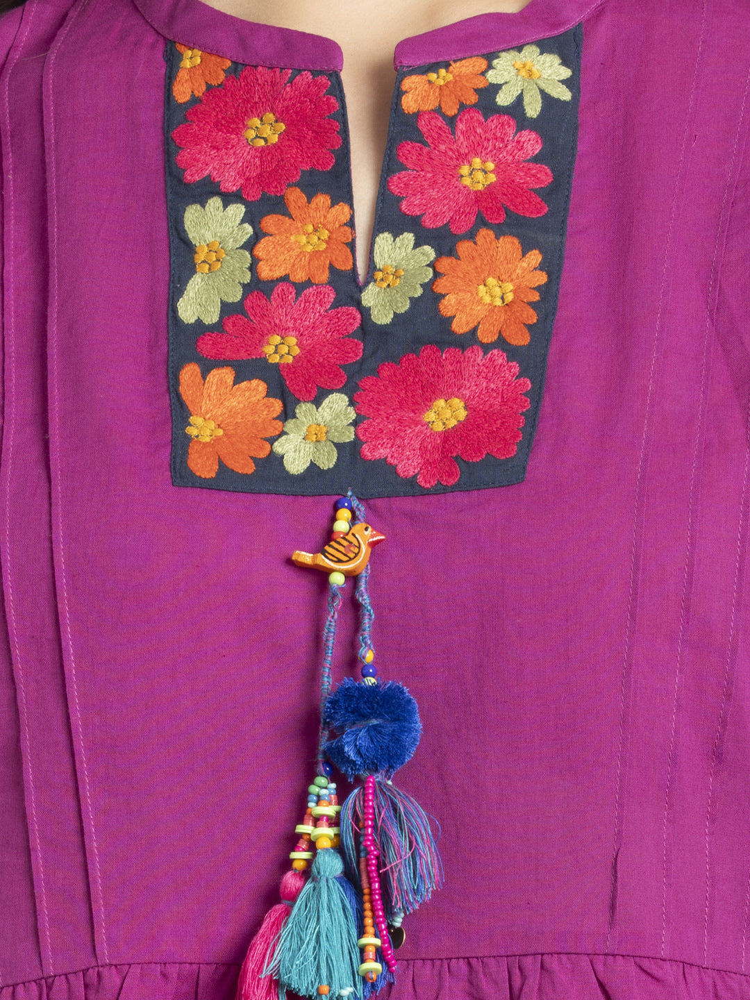 Orchid Embroidered Pin Tuck Gathered Kurta with Tassels from Shaye India , Kurta for women