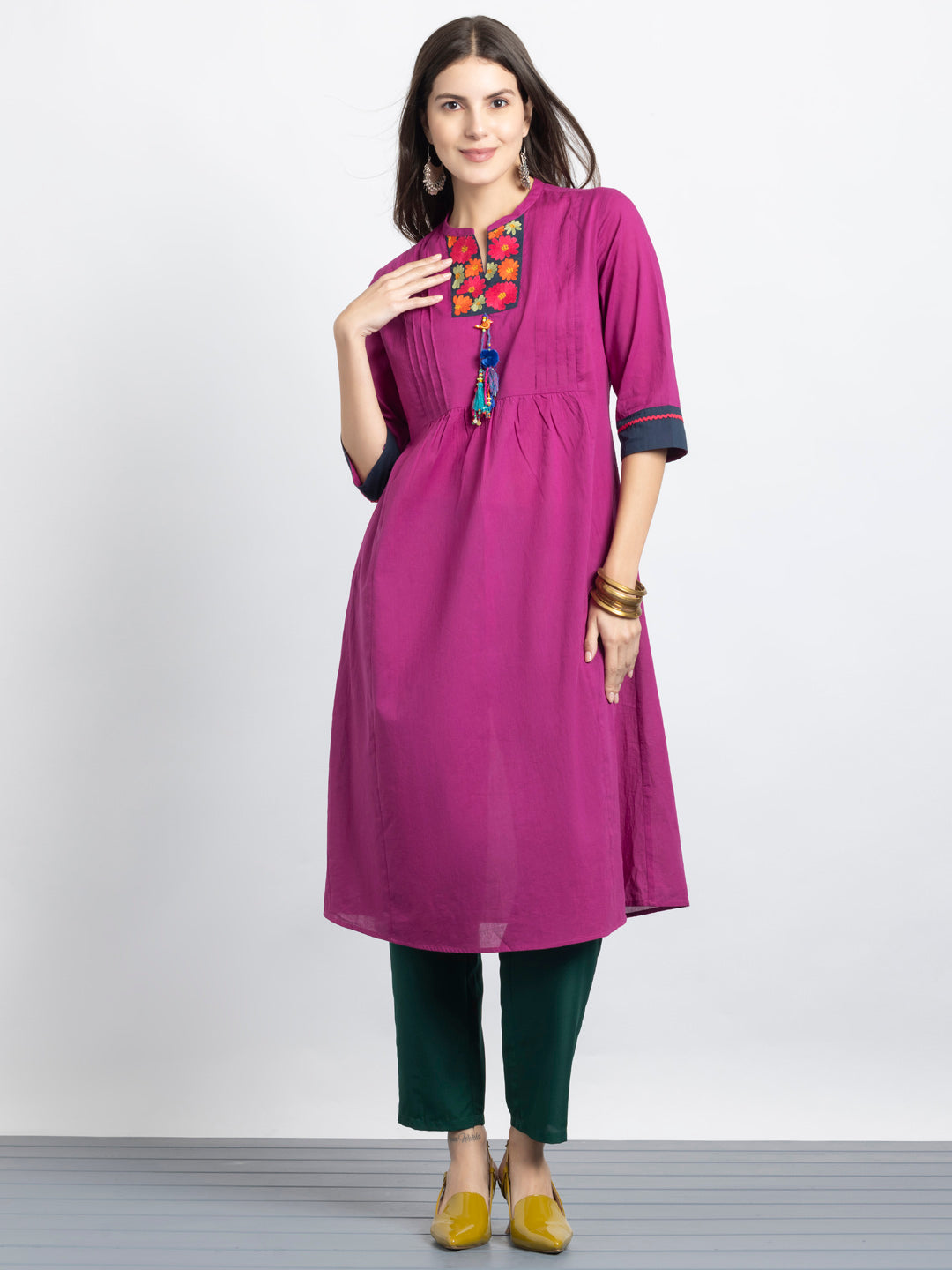 Orchid Embroidered Pin Tuck Gathered Kurta with Tassels from Shaye India , Kurta for women