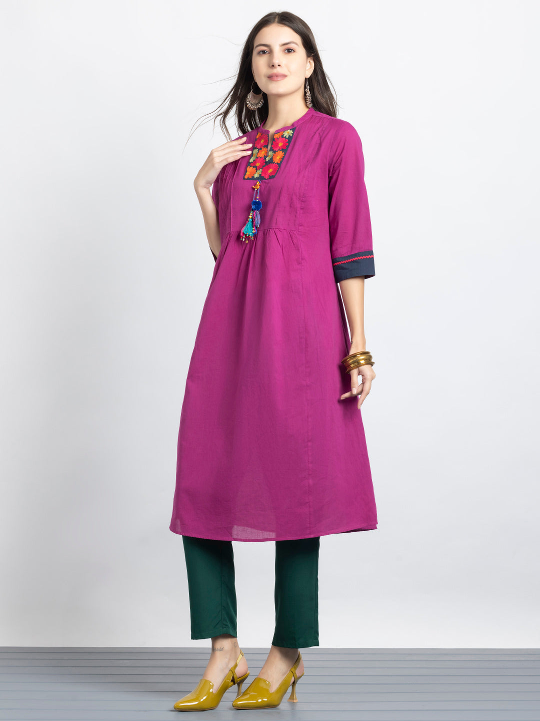 Orchid Embroidered Pin Tuck Gathered Kurta with Tassels from Shaye India , Kurta for women