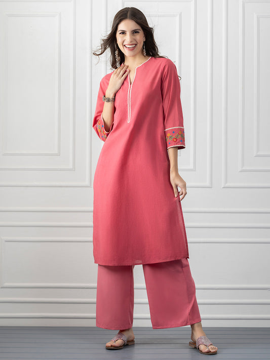 Coral Embroidered Straight Cotton Kurta from Shaye India , Kurta for women