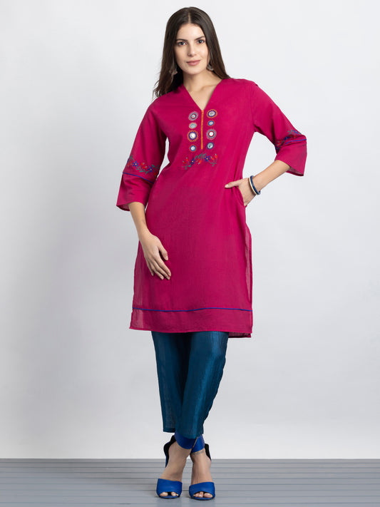 Orchid Mirror Embroidered Straight Cotton Kurta from Shaye India , Kurta for women