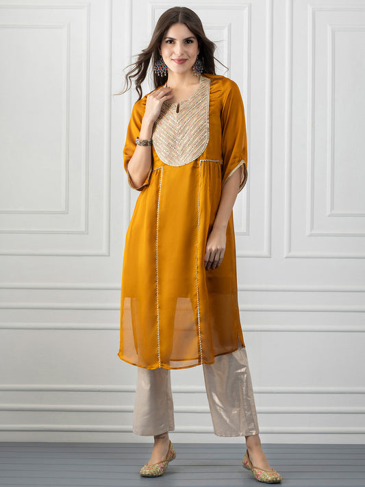 Yellow Embroidered Gota Patti Silk Kurta with Slip from Shaye India , Kurta for women