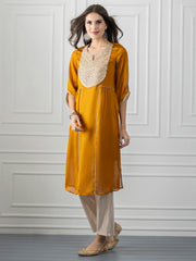 Yellow Embroidered Gota Patti Silk Kurta with Slip from Shaye India , Kurta for women