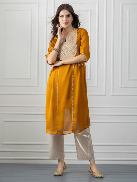 Yellow Embroidered Gota Patti Silk Kurta with Slip from Shaye India , Kurta for women