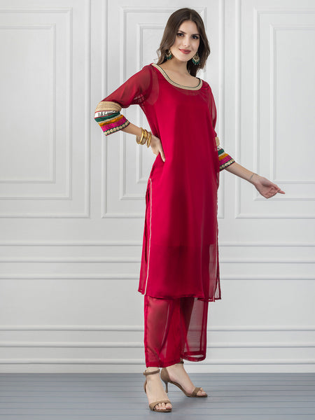 Rani Pink Sequin and Gota Patti Straight Kurta with Slip from Shaye India , Kurta for women