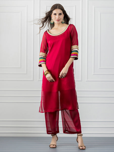 Rani Pink Sequin and Gota Patti Straight Kurta with Slip from Shaye India , Kurta for women