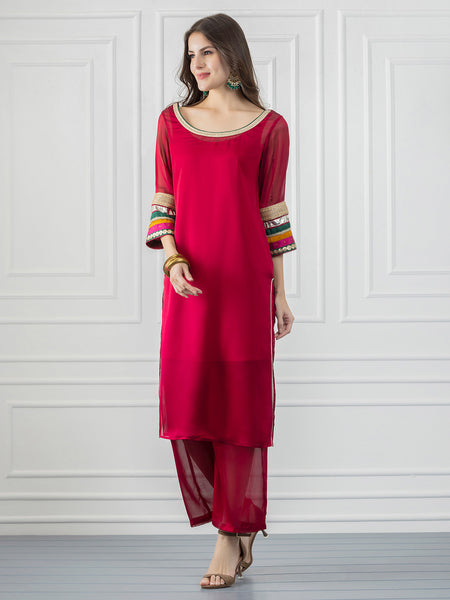 Rani Pink Sequin and Gota Patti Straight Kurta with Slip from Shaye India , Kurta for women