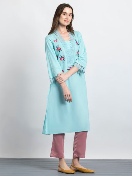 Sky blue Floral Embroidered kurta from Shaye India , Kurta for women