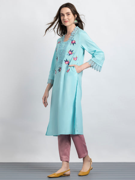 Sky blue Floral Embroidered kurta from Shaye India , Kurta for women