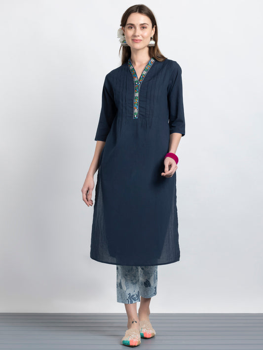 Navy Pin Tuck Floral Embroidered Straight Kurta from Shaye India , Kurta for women