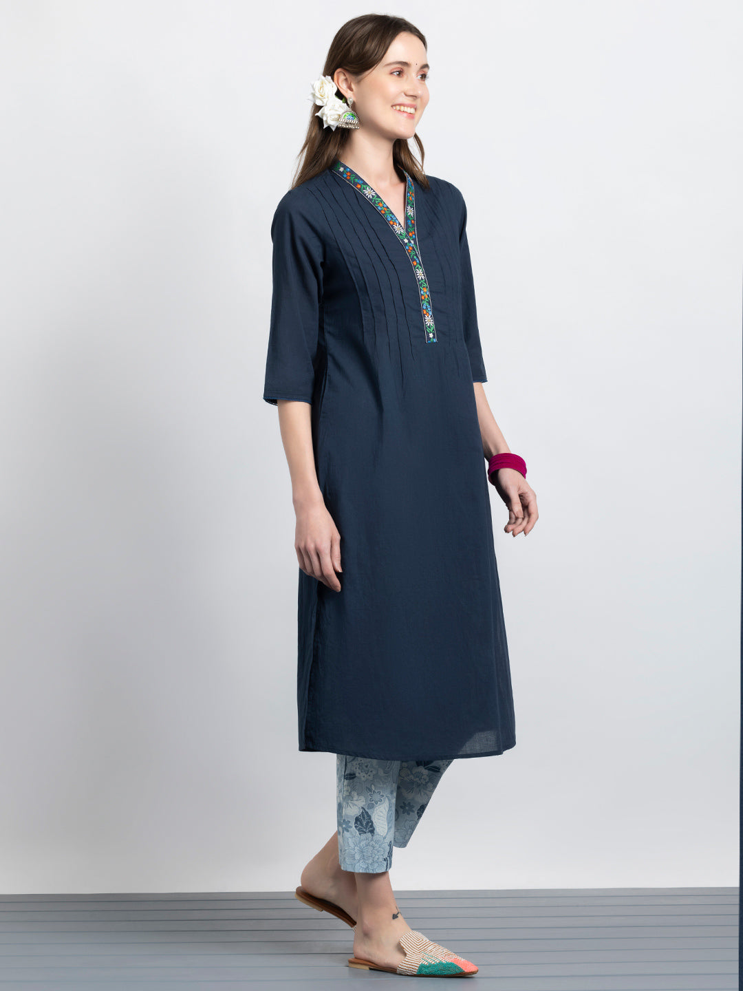 Navy Pin Tuck Floral Embroidered Straight Kurta from Shaye India , Kurta for women