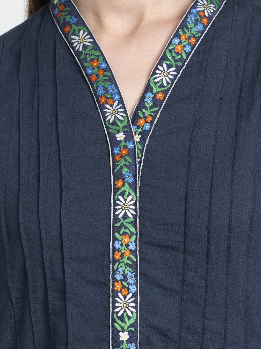Navy Pin Tuck Floral Embroidered Straight Kurta from Shaye India , Kurta for women