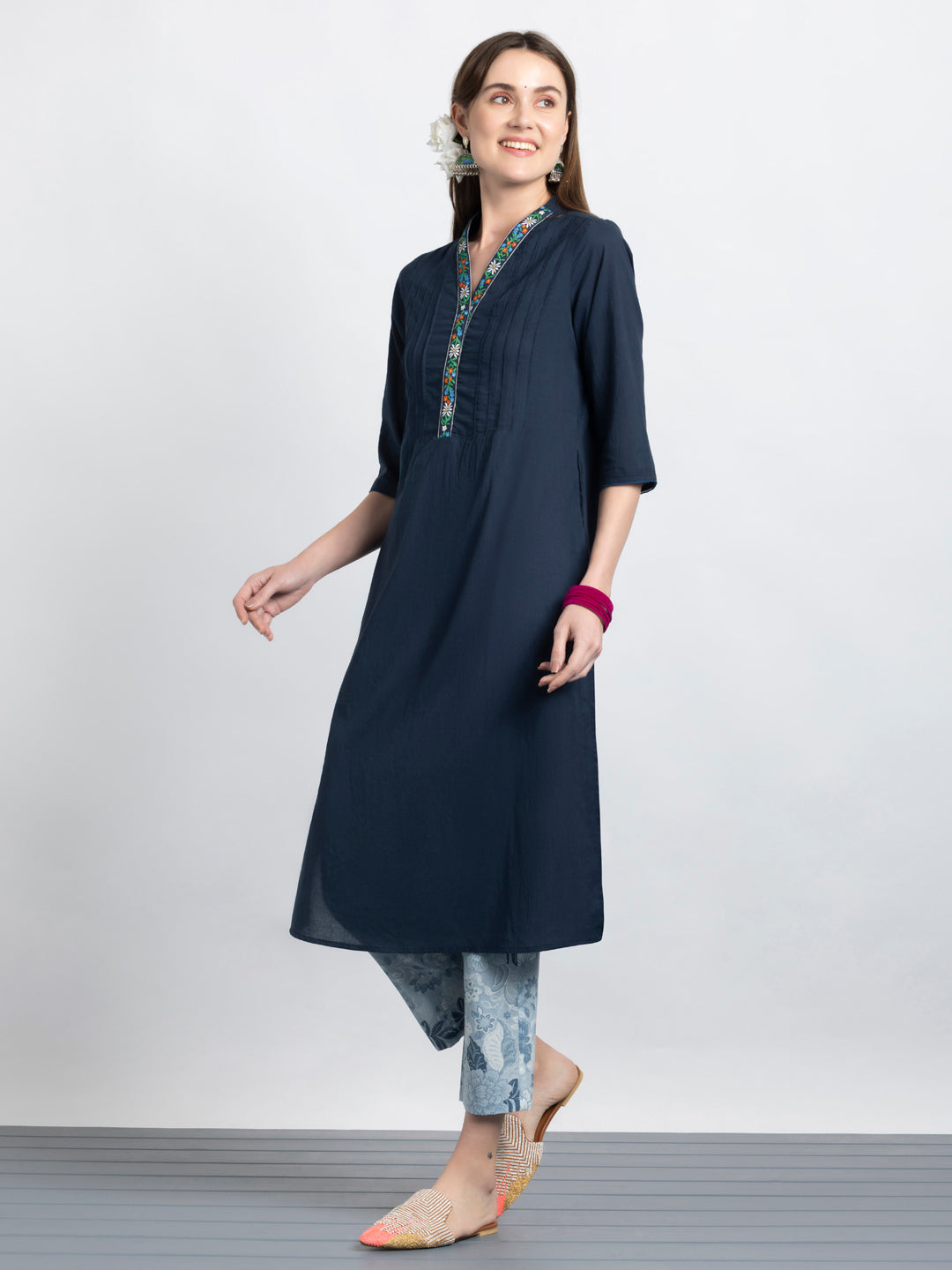 Navy Pin Tuck Floral Embroidered Straight Kurta from Shaye India , Kurta for women